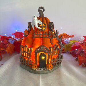 Halloween LED resin Haunted House pumpkin with ghost accent -11" height
